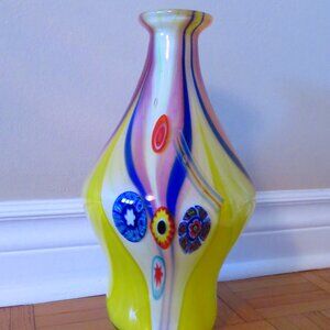 Vintage 1950 murano fratelli Toso millefiori glass vase yellow, large, center